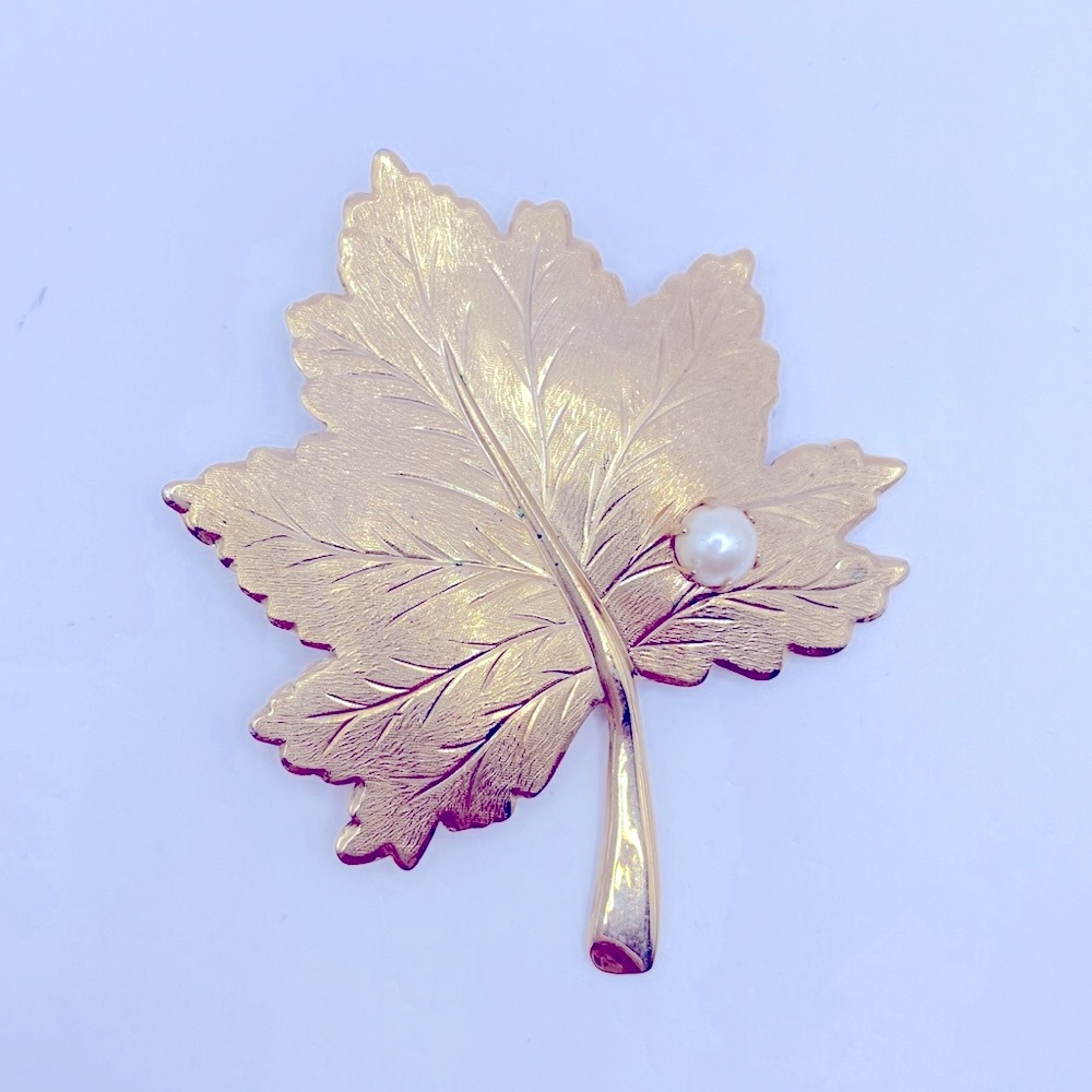Vintage Sarah Coventry Brushed Gold Maple Leaf Brooch with Pearl Accent